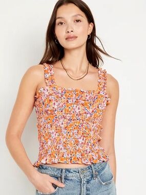 Old Navy Smocked Ruffle Strap Floral Tank Top in Orange & Pink - Size Medium